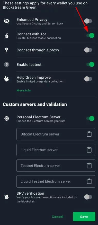 Connettere Blockstream Green a Tor
