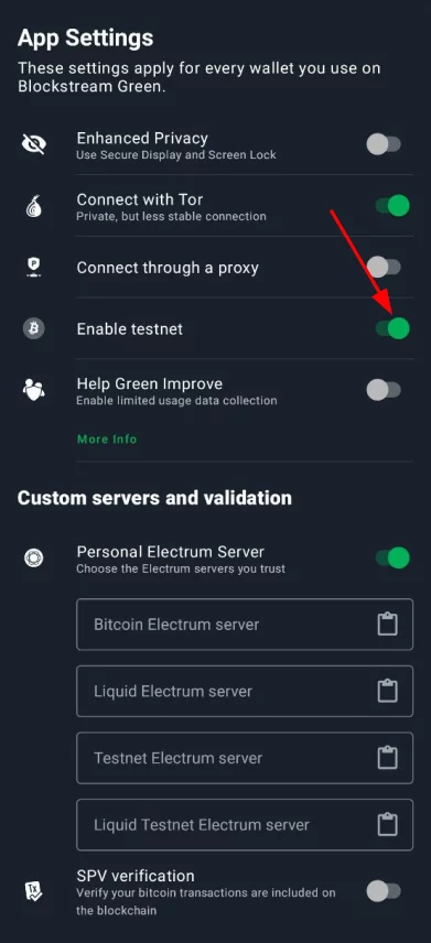Abilitare testnet su Blockstream Green