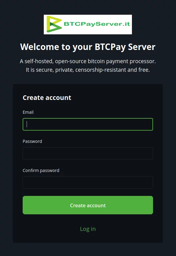 Inserire e-mail e password per creare l'account su btcpayserver.it